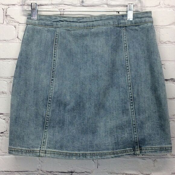 Wishlist Blue Jean Mini Skirt Women's Size S Denim Faux Wrap Button Up Stretch - Picture 8 of 8